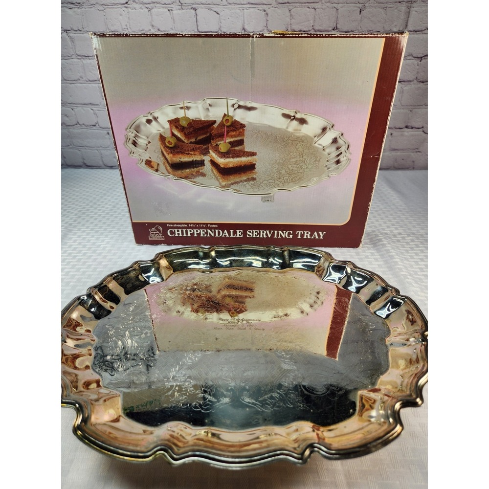14" Sheridan Chippendale Silverplated Tray Round Ornate Footed Rare In Box